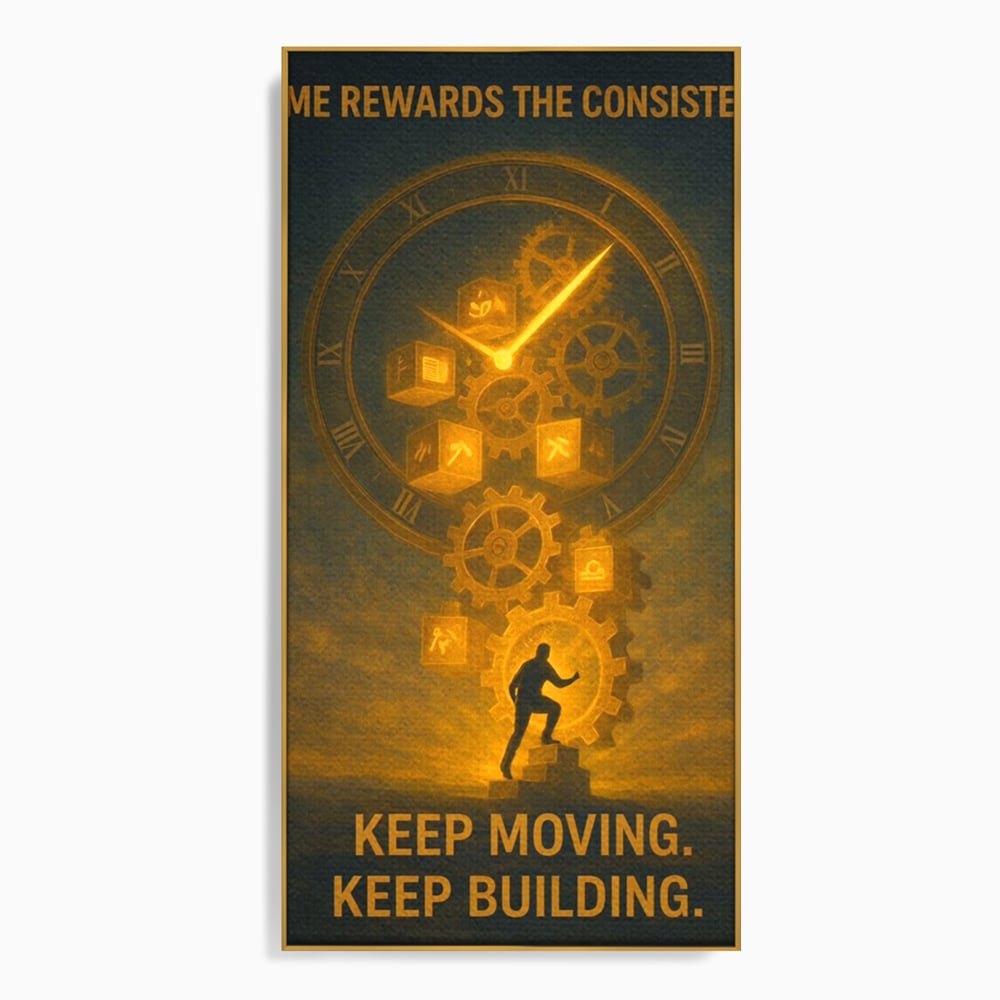 Tablou canvas cu ilustratie motivationala cu ceas si angrenaje, in rama de aluminiu auriu